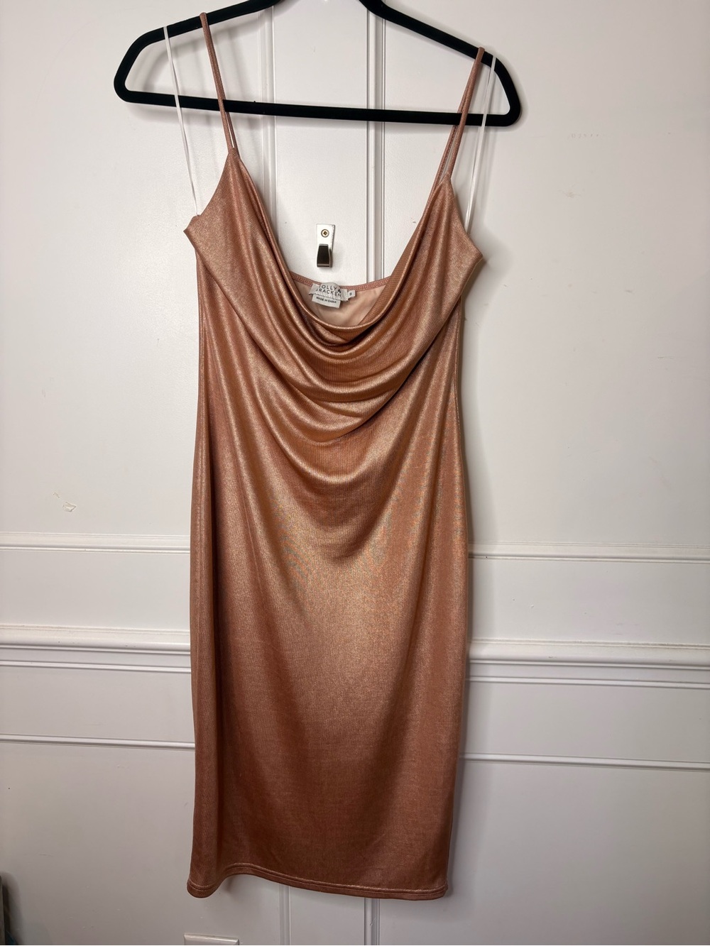 Molly Bracken Rose Gold Shimmer Cowl slip Midi Dress
